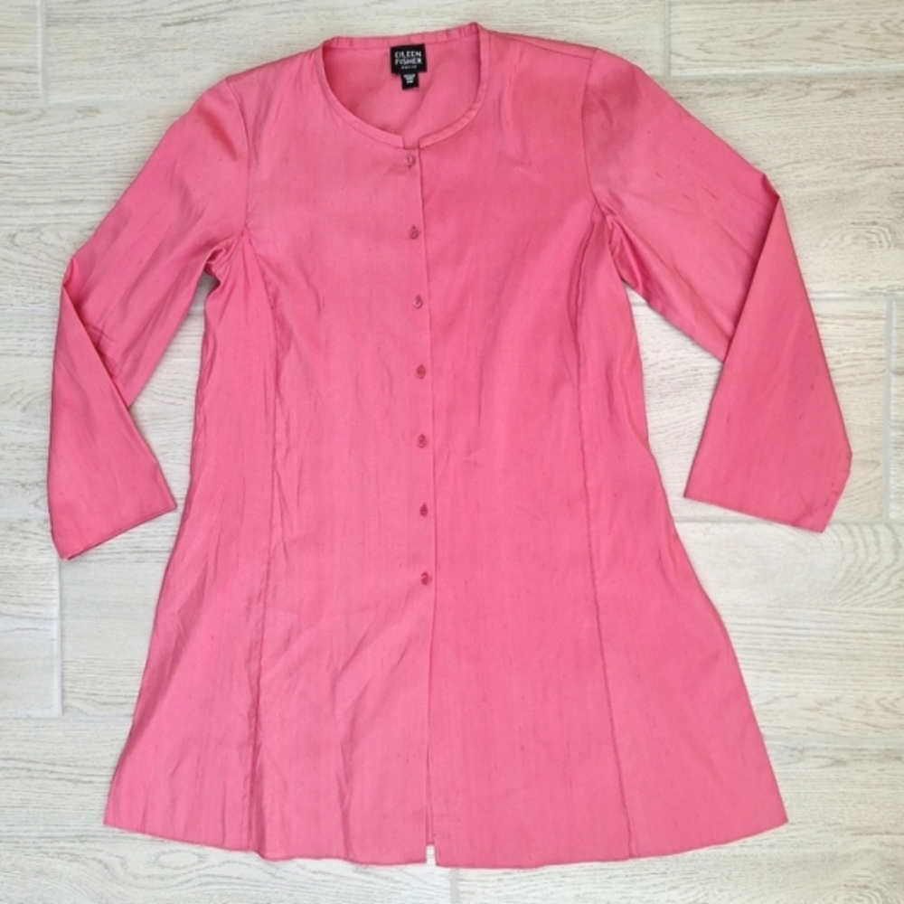 Eileen Fisher Womens Tunic Taffeta Rose Pink Long Sleeve Silk Slit Pearl - PP
